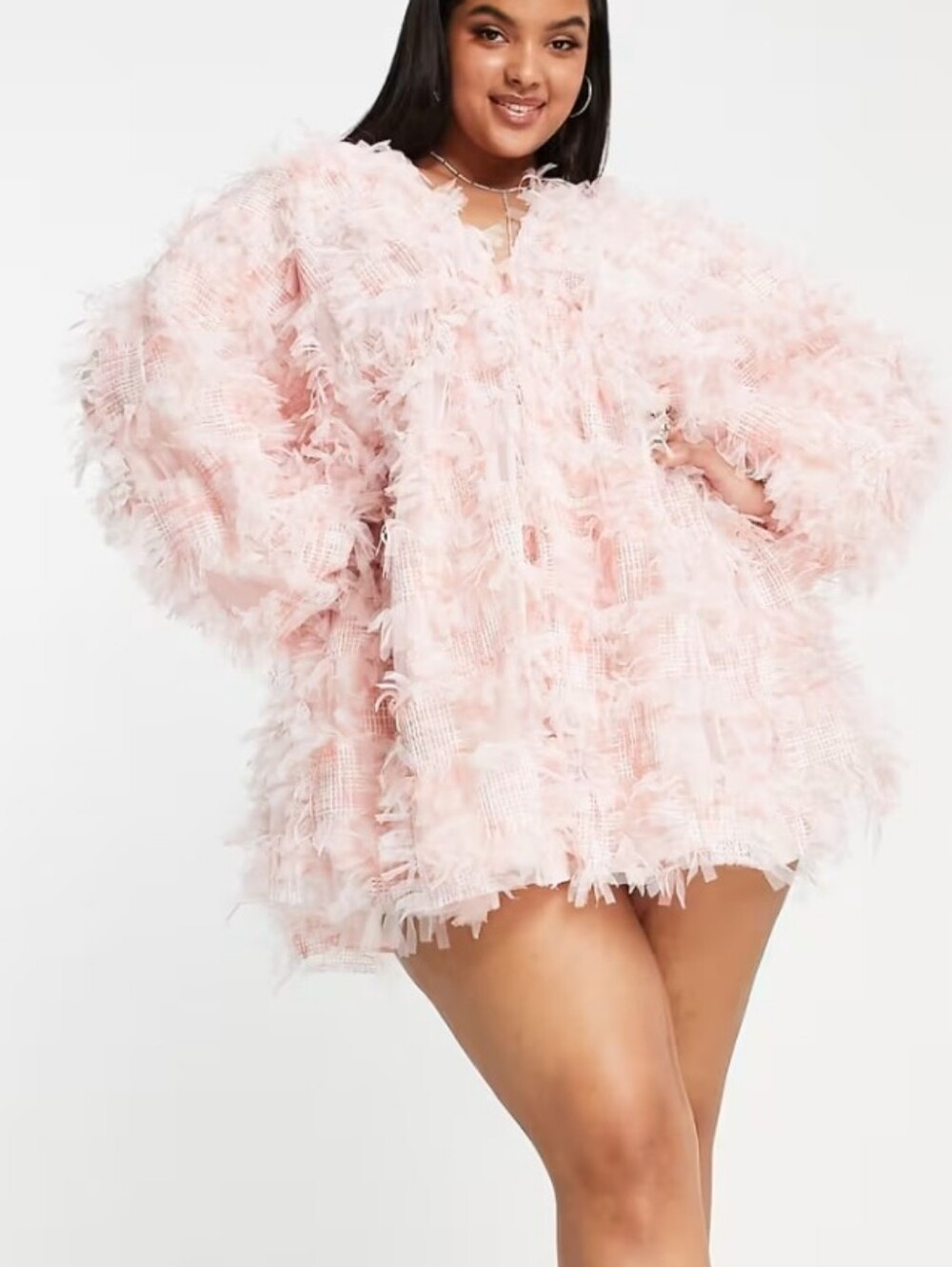 Asos Pink Feather-Texture V-Neck Mini Dress - Picture 2 of 8